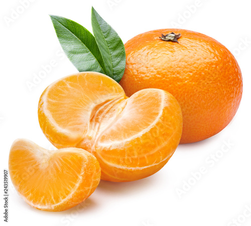 Ripe mandarines with leaves  isolated on white background