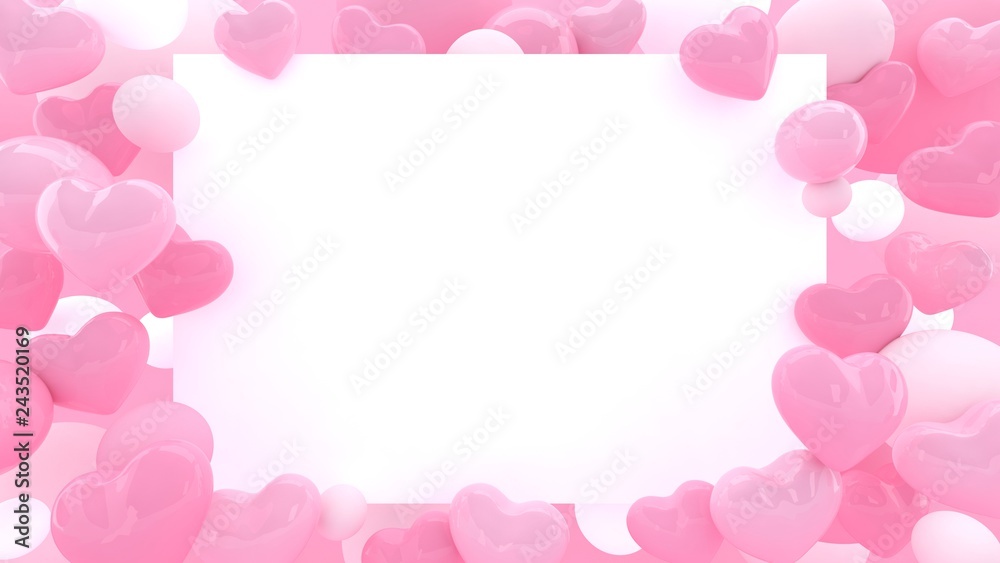 3d hearts background. Valentines day. Love wallpaper. Wedding. Engagement. Datting. Romantic poster. Passion. Pastel pink. Paper frame.