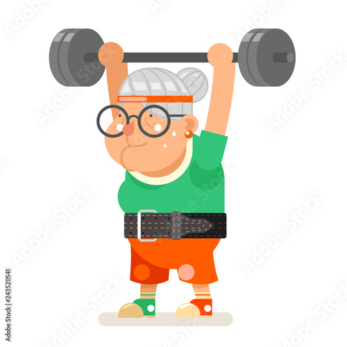 Weightlifting fitness healthy activities granny adult old age woman character cartoon flat design vector illustration