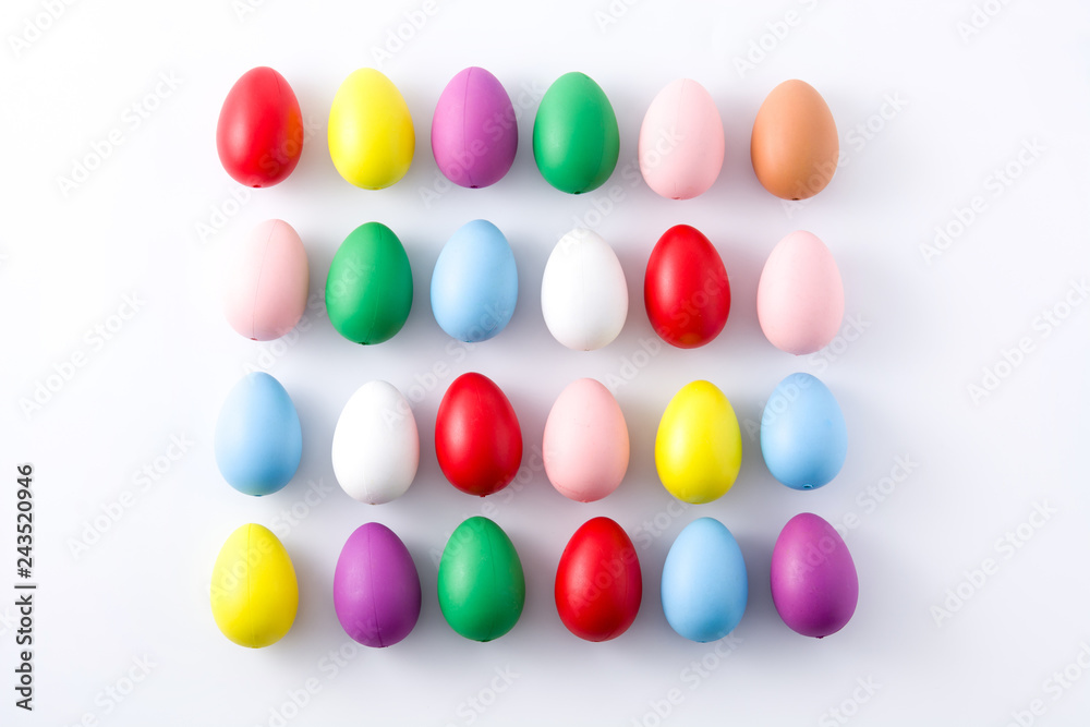 Easter holidays concept with colorful easter eggs pattern on white background 
