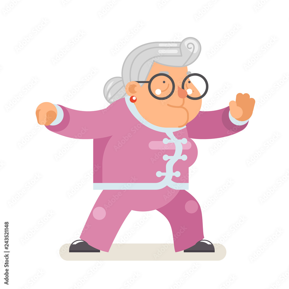 Wushu kungfu taichi fitness healthy activities granny adult old age woman character cartoon flat design vector illustration