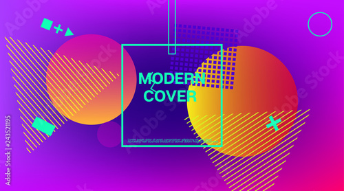 Memphis Minimal Cover Horizontal Vector Template. Neon Gradient Overlay, Small Space Particles Background. Geometric Memphis Design Elements, Horizontal Music Poster. Vintage Elemets Business Design.