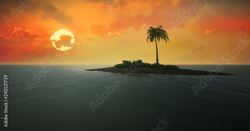 Tropical island against the setting sun