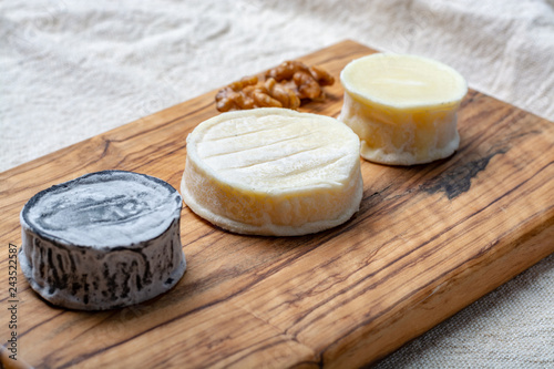 Assortment of French soft goat cheeses, Chevre Cendre, Cabecou Du Perigord and Chevre De Dordogne served on olive tree board photo