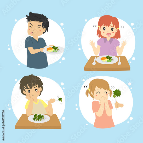 Set of kids refuse to eat vegetables. Children hate vegetables vector set
