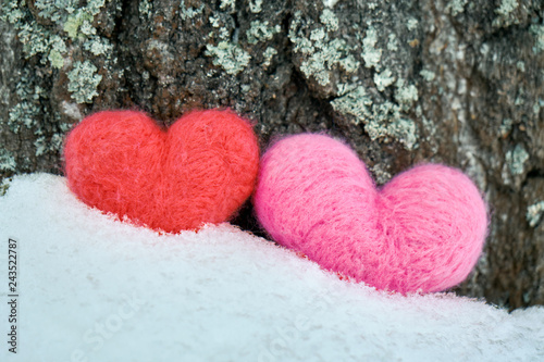 Two woolen red and pink hearts standing on the white snow near a tree trunk outdoors in winter. Love  healthcare  friendship concept