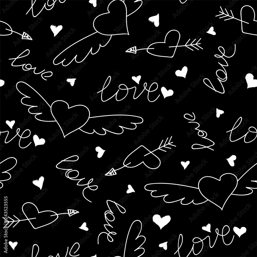 Hand drawn doodle love seamless pattern for wedding, Valentine's Day  wallpaper, background design. Vector illustration with heart, love, arrow,  lettering text. Hand drawn sketch style. Stock Vector | Adobe Stock