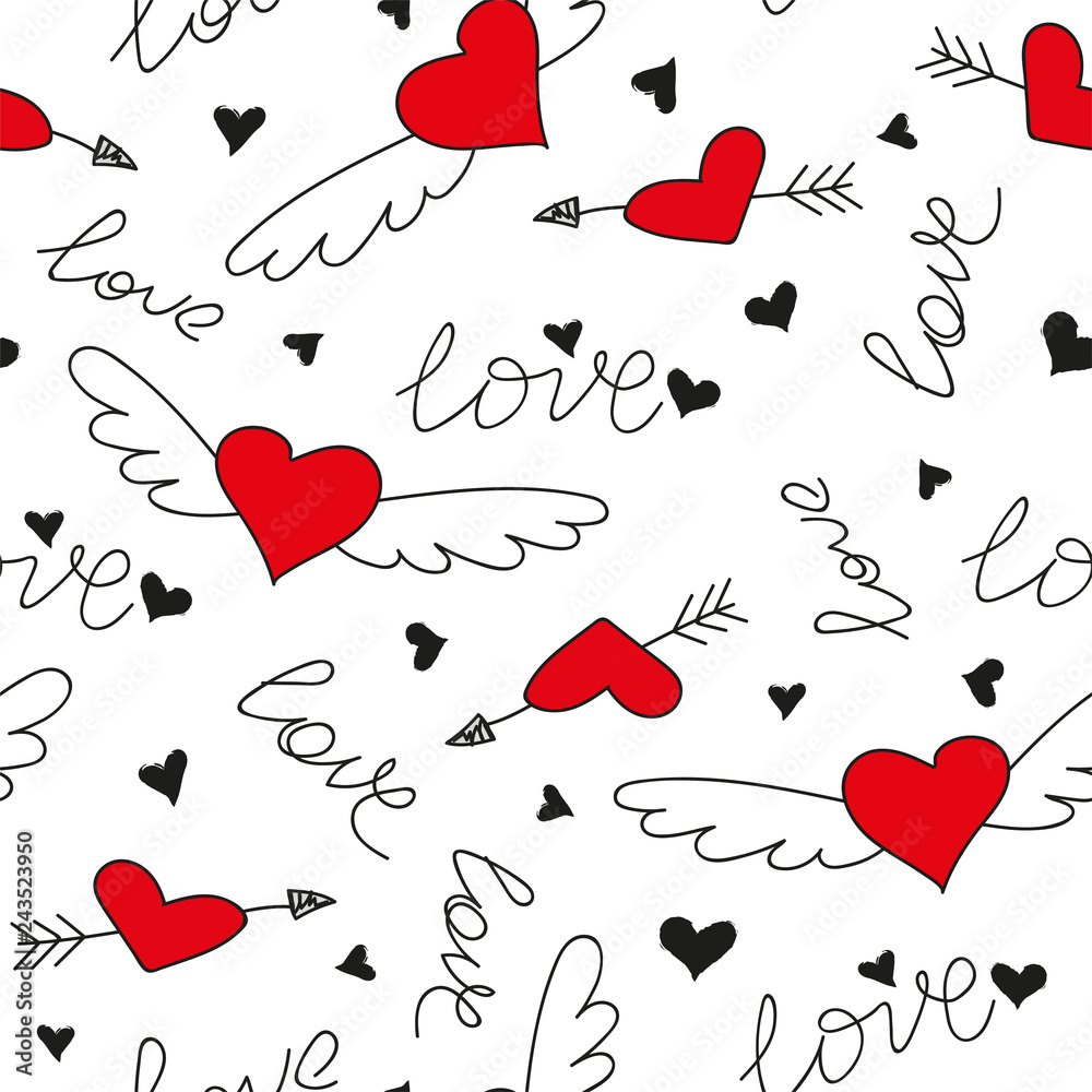 Hand drawn doodle love seamless pattern for wedding, Valentine's Day  wallpaper, background design. Vector illustration with heart, love, arrow,  lettering text. Hand drawn sketch style. Stock Vector | Adobe Stock