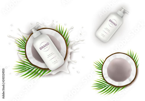 Cosmetic elements realistic vector set. White dispenser bottle with lotion and half of coconut on background of milk splash with drops. Mock up, design template for natural organic cosmetics