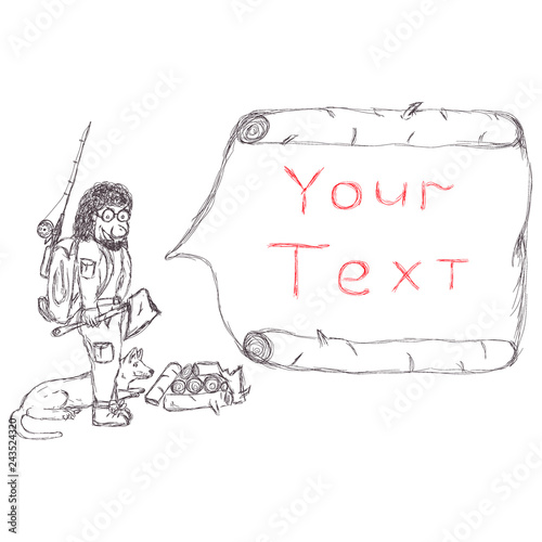 Traveler man holding an ax in his hand stands near the wood with a dog, on his back is a backpack with a fishing rod. Hand drawn doodle illustration sketch style with lines.