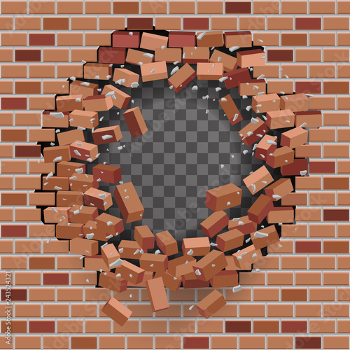 Red brick break wal hole destructionl template transparent background vector illustration