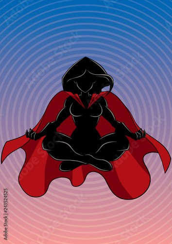 Front view silhouette illustration of meditating superheroine on abstract background and some copy space.