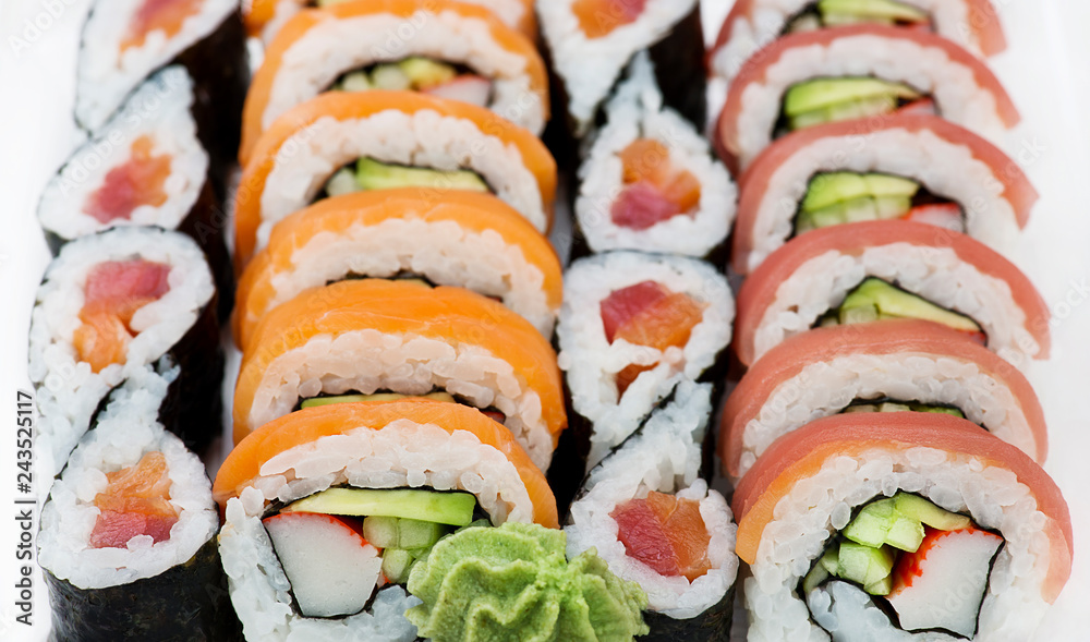 Sushi rolls assortment on white background Sushi rolls assortment on white background