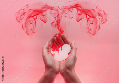 Womans palms pressed together and keep embryo from paper. Red lood comes from the baby in the form of fallopian tubes. Pink background photo
