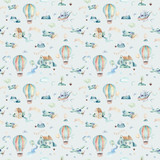 Watercolor set background illustration of a cute cartoon and fancy sky scene complete with airplanes, helicopters, plane and balloons, clouds. Boy seamless pattern. It's a baby shower design