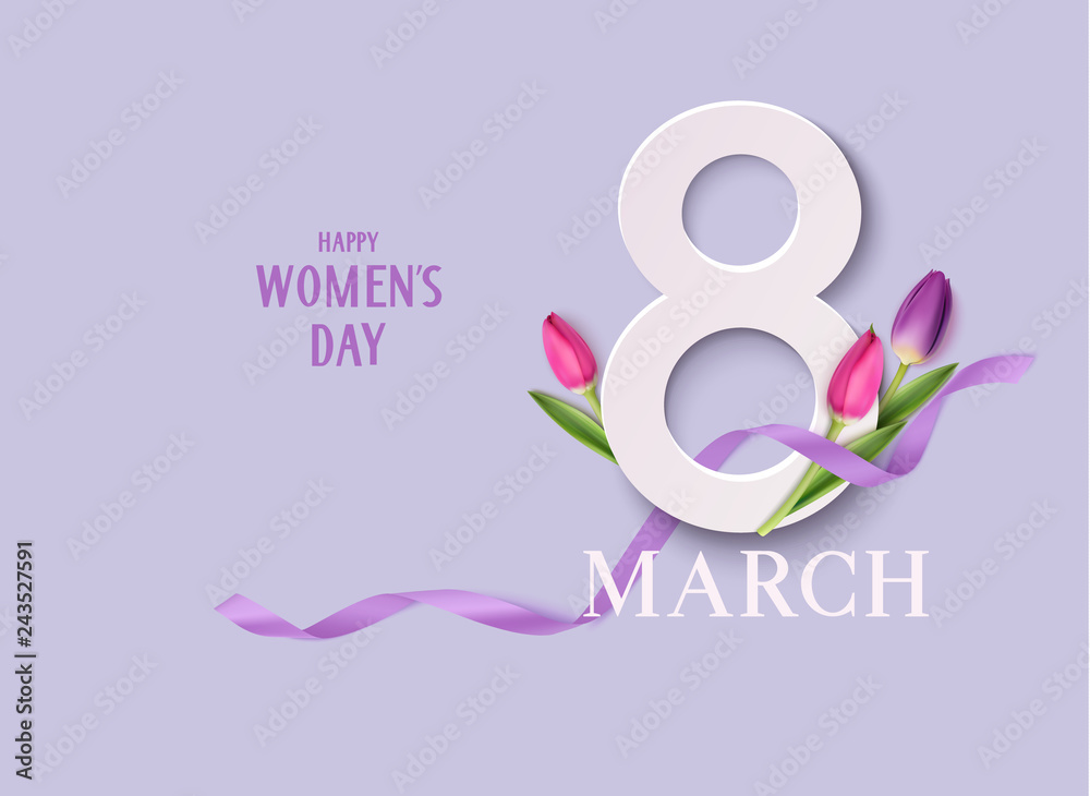 Happy Womens Day. 8March design template. Decorative number with purple ribbon and tulip flowers. Vector illustration - obrazy, fototapety, plakaty 