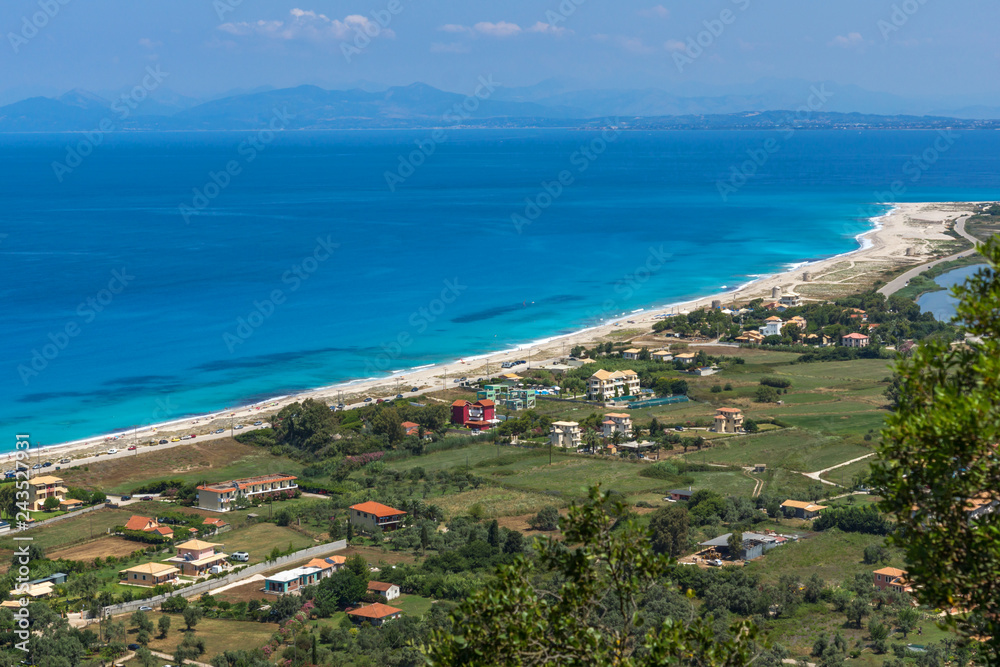 Amazing panorama of Agios Ioanis beach with blue waters, Lefkada, Ionian Islands, Greece