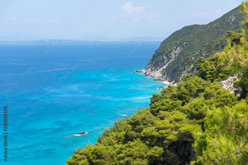 Amazing Seascape of Kokkinos Vrachos Beach with blue waters, Lefkada, Ionian Islands, Greece