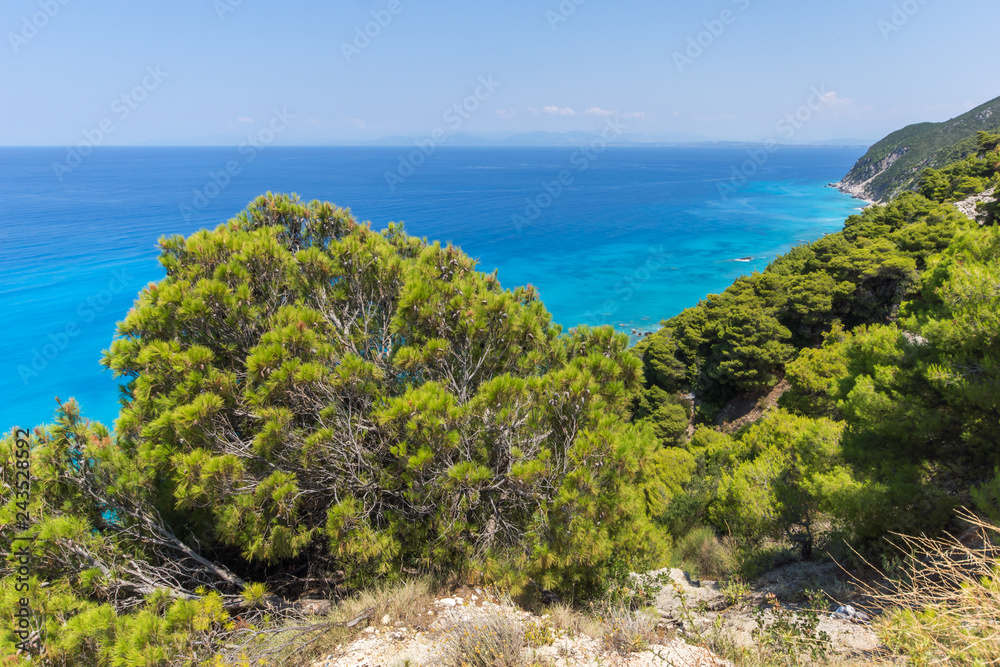 Amazing Seascape of Kokkinos Vrachos Beach with blue waters, Lefkada, Ionian Islands, Greece