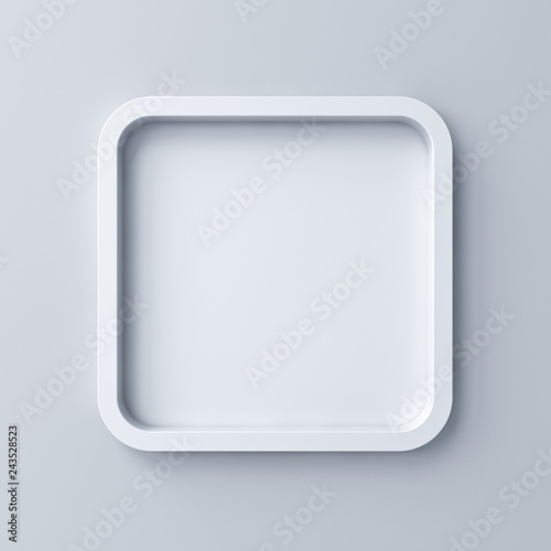 Blank white rounded square frame or empty white button isolated on grey wall background with shadow 3D rendering