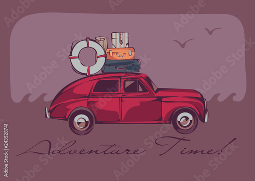 A red vintage car with a luggage on a top over a seascape and gulls. Retro stylized vector illustration
