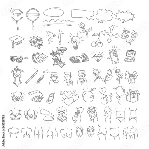 Big doodle icons set on various themes, including: Luxury lifestyle, healthy lifestyle, plastic surgery, beauty, etc. Vector illustrations