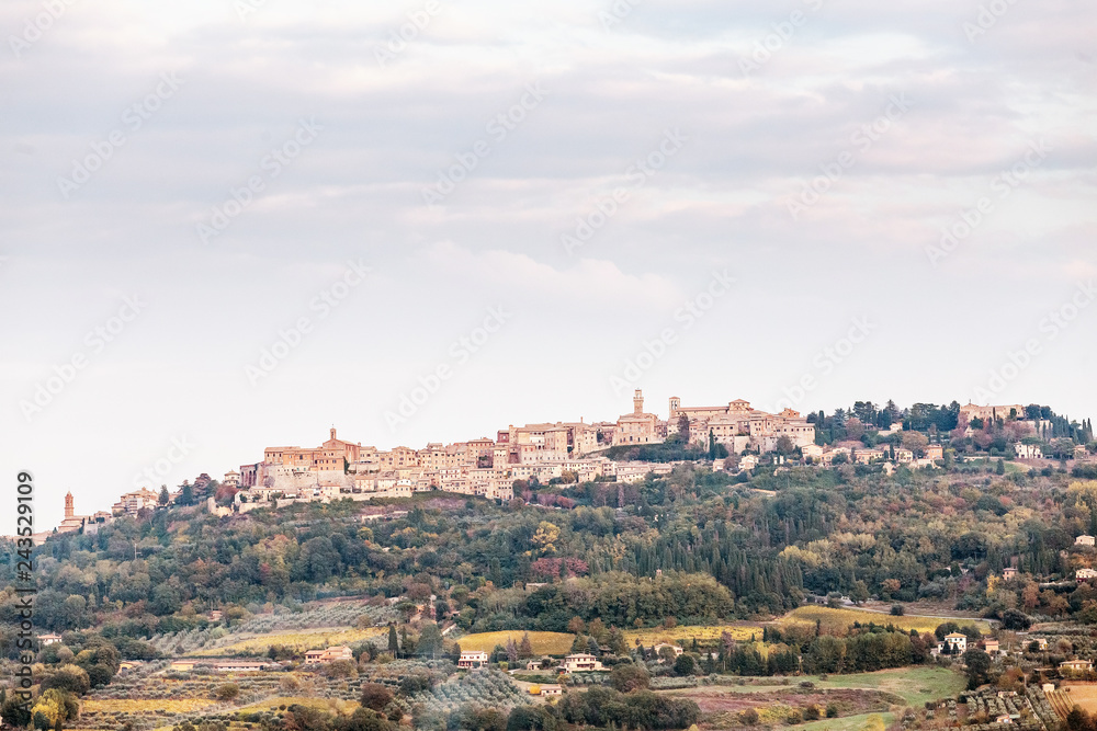 Far away view of the medieval town of Montepulciano in Italy