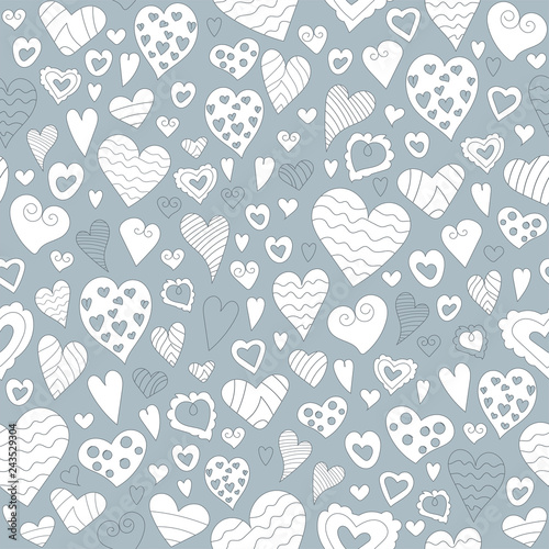 Romantic doodle hearts cute seamless pattern. Love elements in one background in vector. Background with elements of hand-drawn