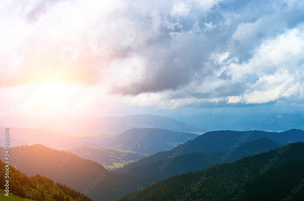 Fototapeta premium mountain landscape, morning sunrise, aerial view