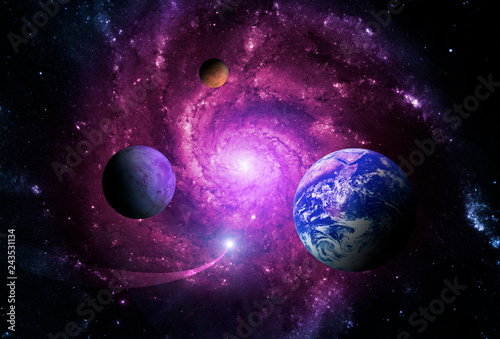 Fototapeta Naklejka Na Ścianę i Meble -  Planets of the solar system are attracted by the center of the galaxy and a massive black hole. Elements of this image furnished by NASA.