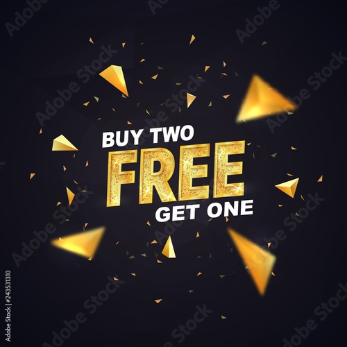 Buy two get one free on dark background vector illustration. Isolated design elements. Best offer shopping template with golden triangles
