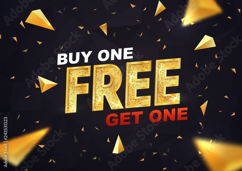 Buy one get one free on dark background vector illustration. Best offer shopping template with golden triangles