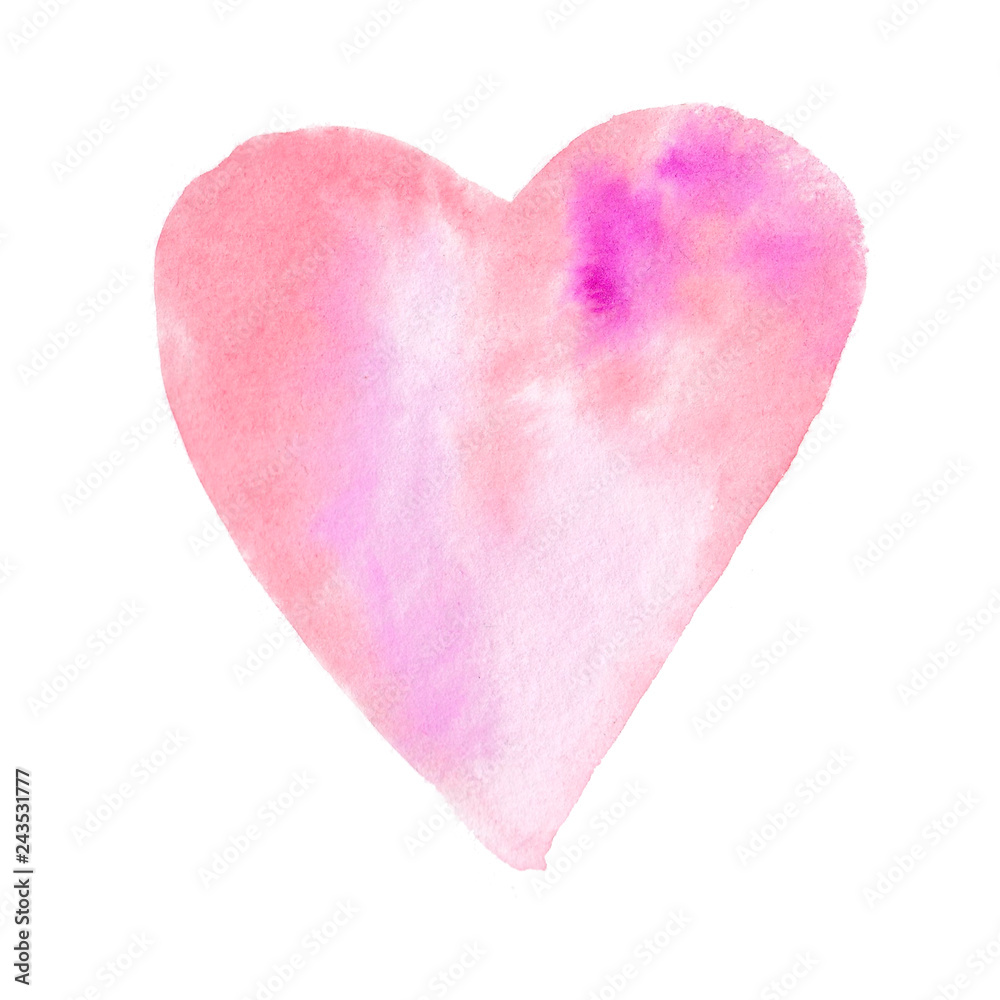 Big pink red watercolor heart, hand drawn, isolated on white background