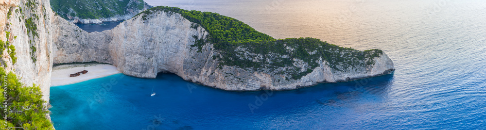 Greece, Zakynthos, XXL panorama view of navagio or shipwreck beach from above