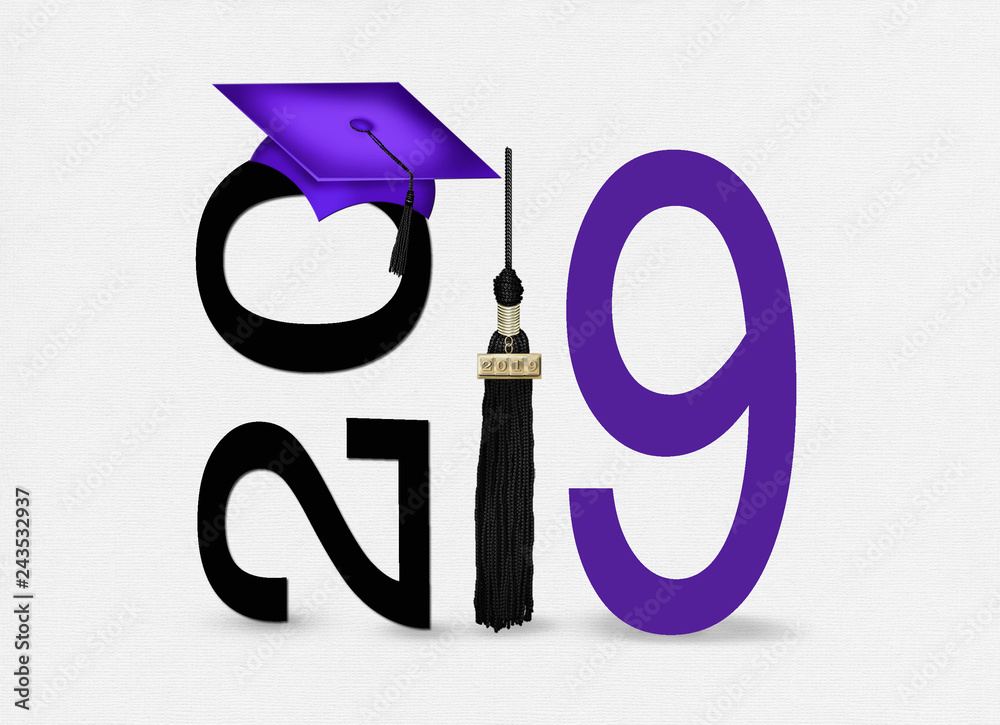 purple graduation cap with black tassel and 2019 text on soft textured