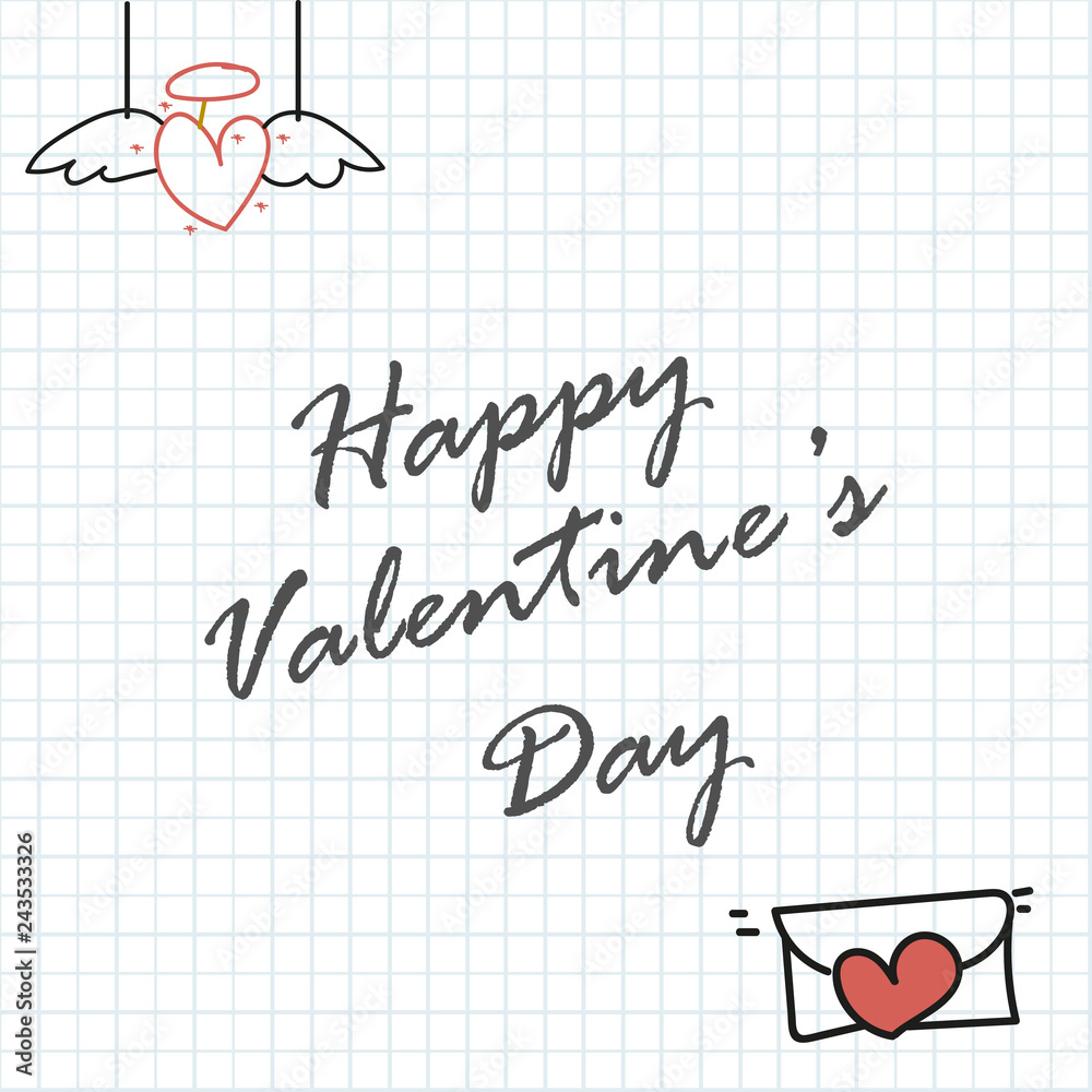 Valentine's day background with elements on school notebook sheet.Vector.