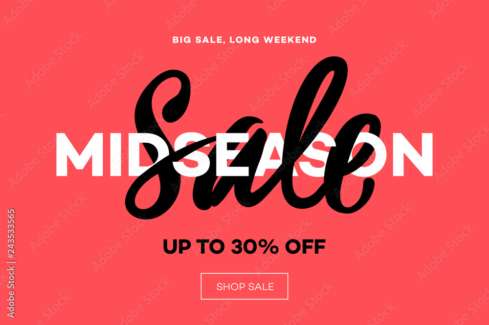 Sale banner template, midseason sale, pink background, vector illustration.
