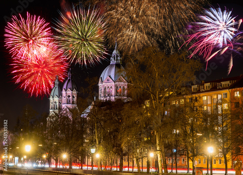 Fireworks at the Sankt Lukas church in Munich at night