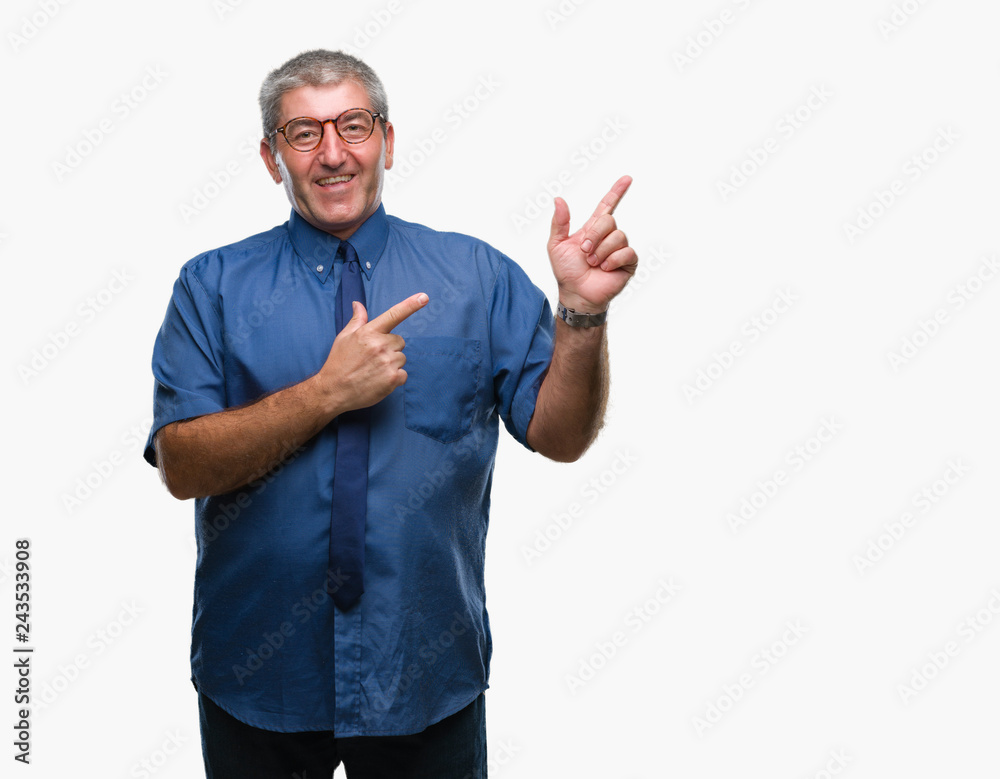 Handsome senior business man over isolated background smiling and looking at the camera pointing with two hands and fingers to the side. Handsome senior business man over isolated background smiling and looking at the camera pointing with two hands and fingers to the side.