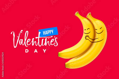 Valentines day background, two funny smiling bananas, vector illustration.