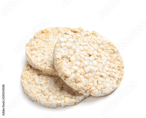 Crunchy rice cakes on white background. Healthy snack