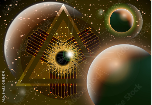 The symbol of the all-seeing eye of God. Modern creative design on the background of the planets. Vector illustration