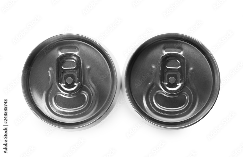 Top view of aluminum cans with beverage on white background Top view of aluminum cans with beverage on white background