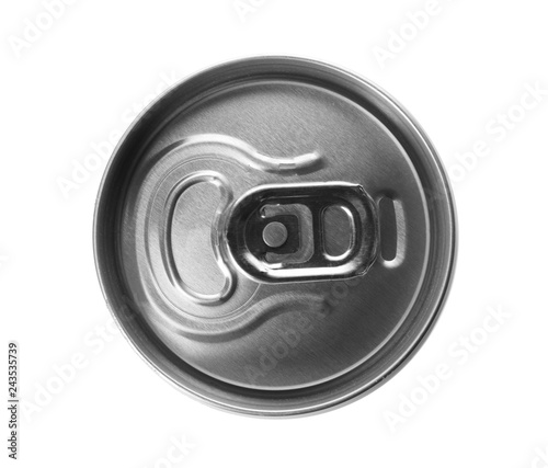 Top view of aluminum can with beverage on white background