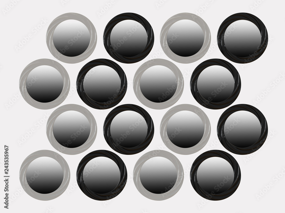 Wall of a group of round white and black mirrors on a white background 3d rendering