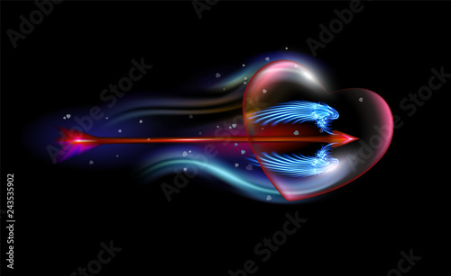 Glowing red fantasy arrow of Cupid pierced heart. Amur attribute of Valentines day fiery love, loving heart with over black. Ardent illuminated with luxury glow colorful design vector illustration