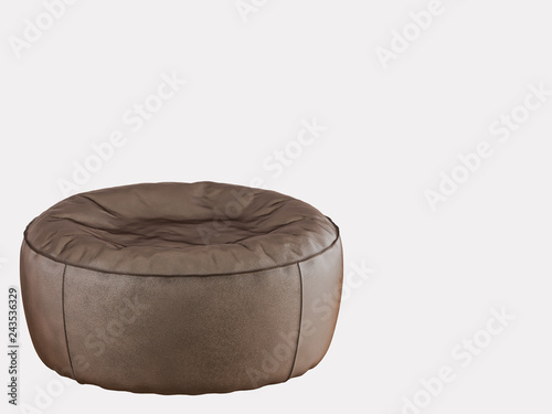 Brown leather round pouf on a white background 3d rendering