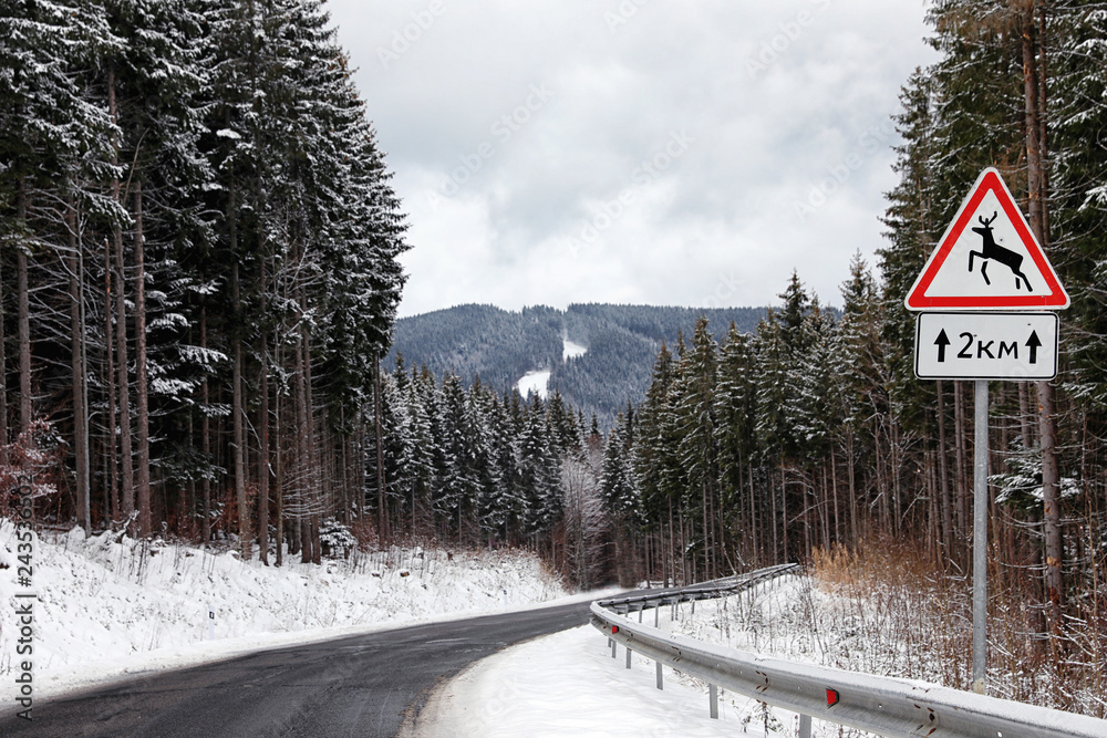 Wild animals warning traffic sign near road with snow on sides through forest Wild animals warning traffic sign near road with snow on sides through forest