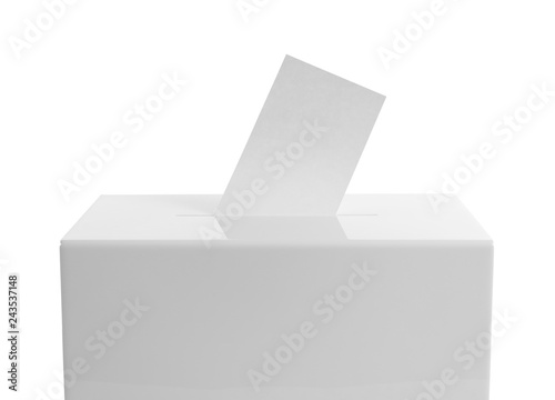 Ballot box with vote on white background. Election time