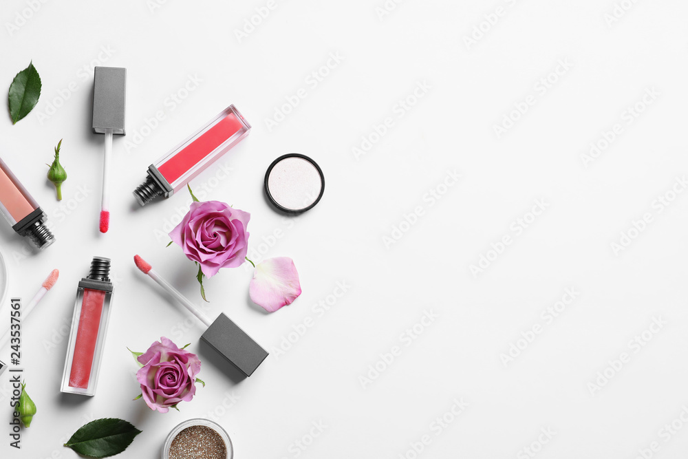 Composition with lipsticks on white background, flat lay. Space for text